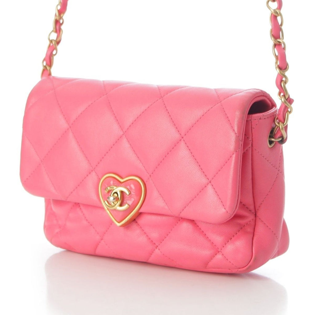 Chanel Leather Quilted Chain Heart Turnlock CC Logo Shoulder Bag Pink — view 2
