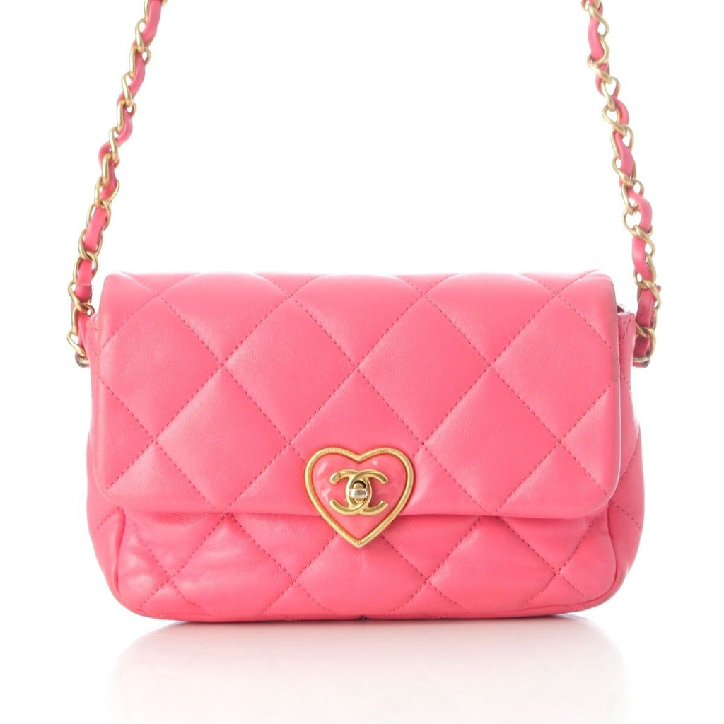 Chanel Leather Quilted Chain Heart Turnlock CC Logo Shoulder Bag Pink