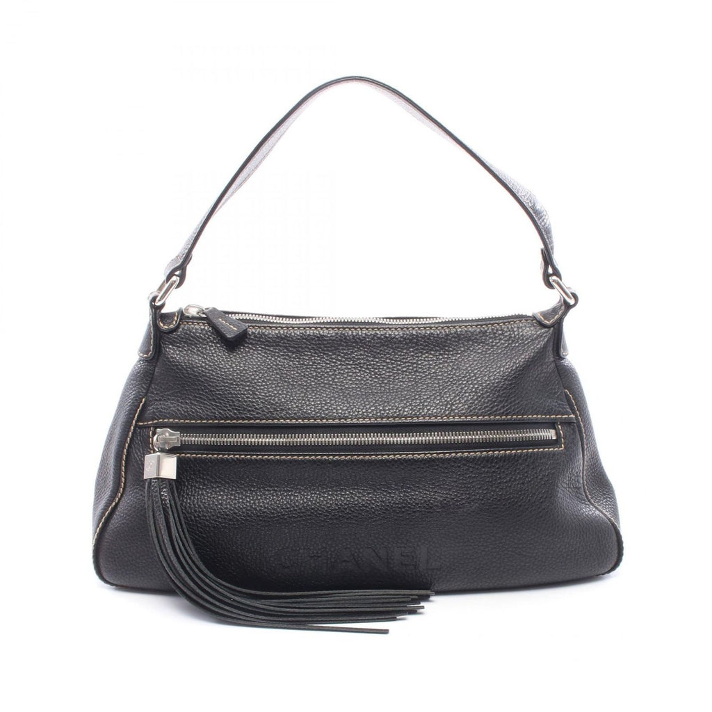 Chanel Shoulder Bag Logo Fringe Black Leather
