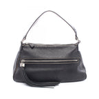 Chanel Shoulder Bag Logo Fringe Black Leather