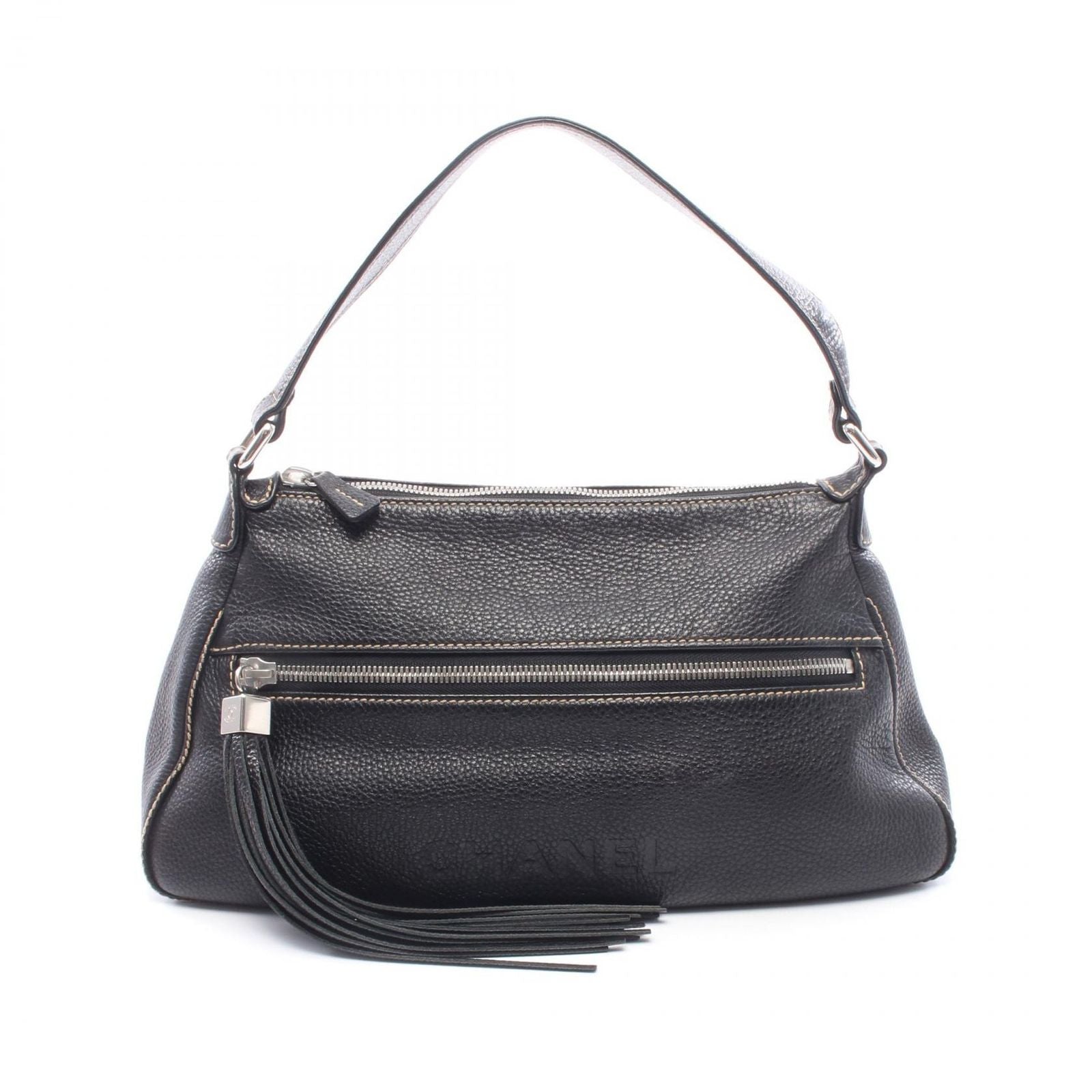 Chanel Shoulder Bag Logo Fringe Black Leather