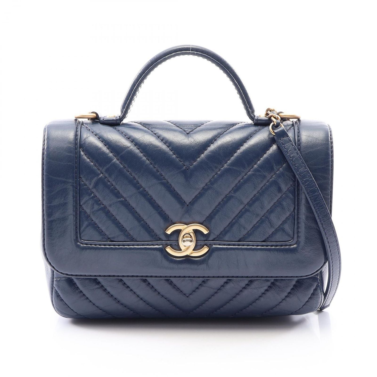 Chanel Shoulder Bag Blanc Stitch Top Handle 2-Way Navy Leather Flap