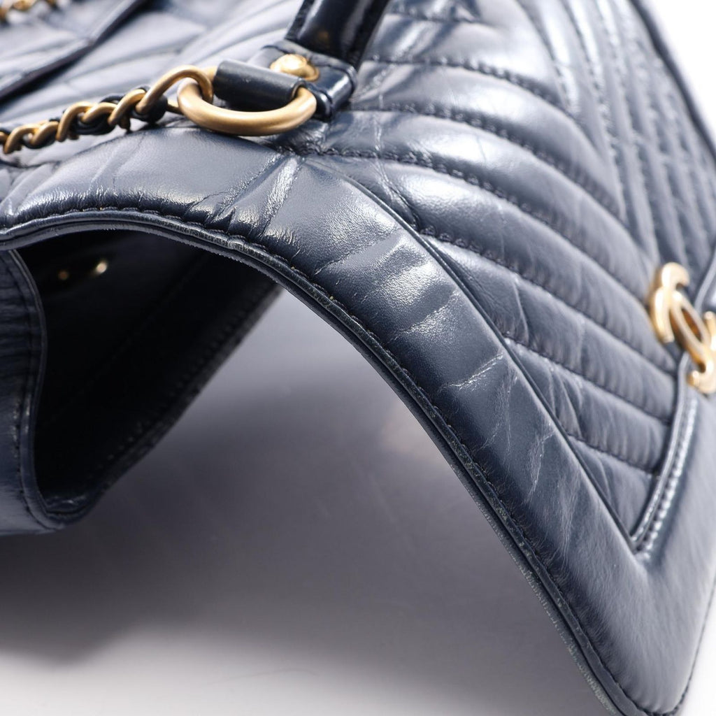 Chanel Shoulder Bag Blanc Stitch Top Handle 2-Way Navy Leather Flap — view 8