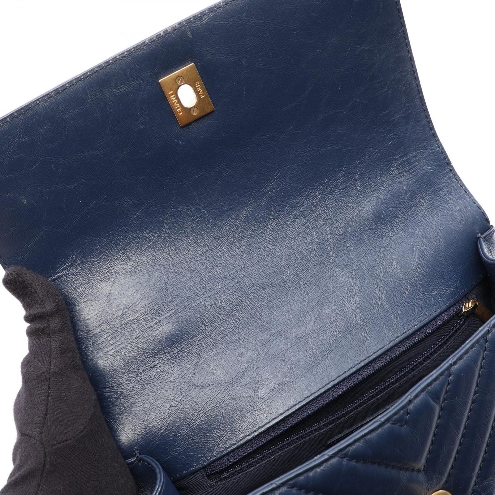 Chanel Shoulder Bag Blanc Stitch Top Handle 2-Way Navy Leather Flap — view 6