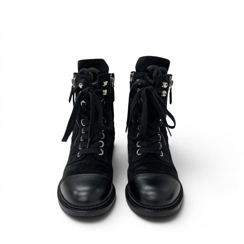 Chanel Boots Short Shoes Suede Leather Black Silver CC Logo Quilted Double — view 2