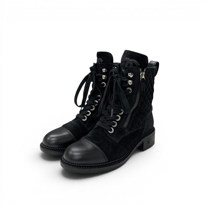 Chanel Boots Short Shoes Suede Leather Black Silver CC Logo Quilted Double