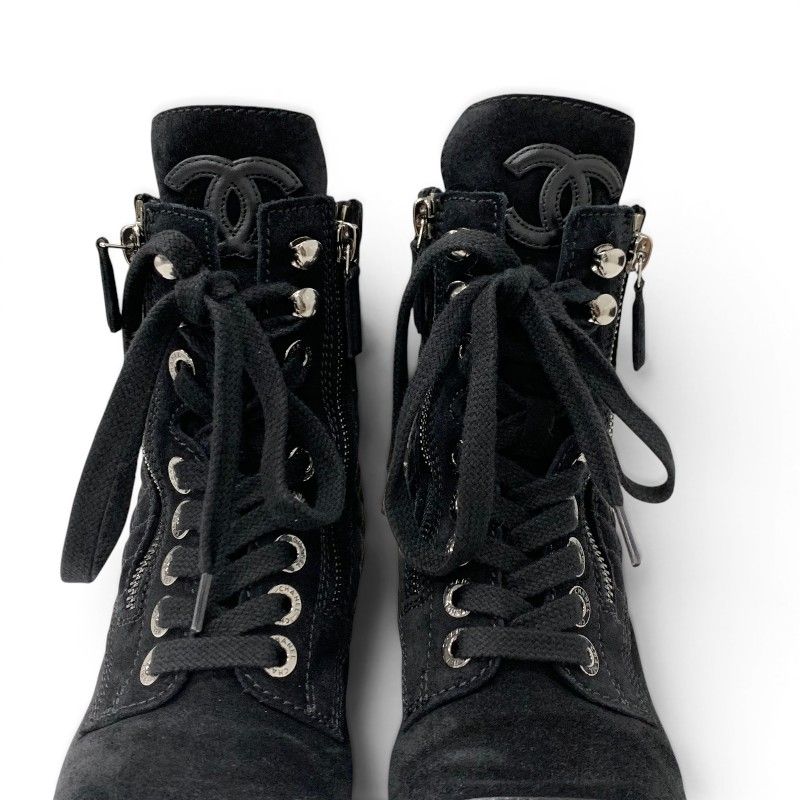 Chanel Boots Short Shoes Suede Leather Black Silver CC Logo Quilted Double — view 9