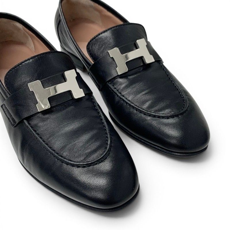 Hermes Paris Loafers Leather Shoes Black Silver Moccasins — view 9