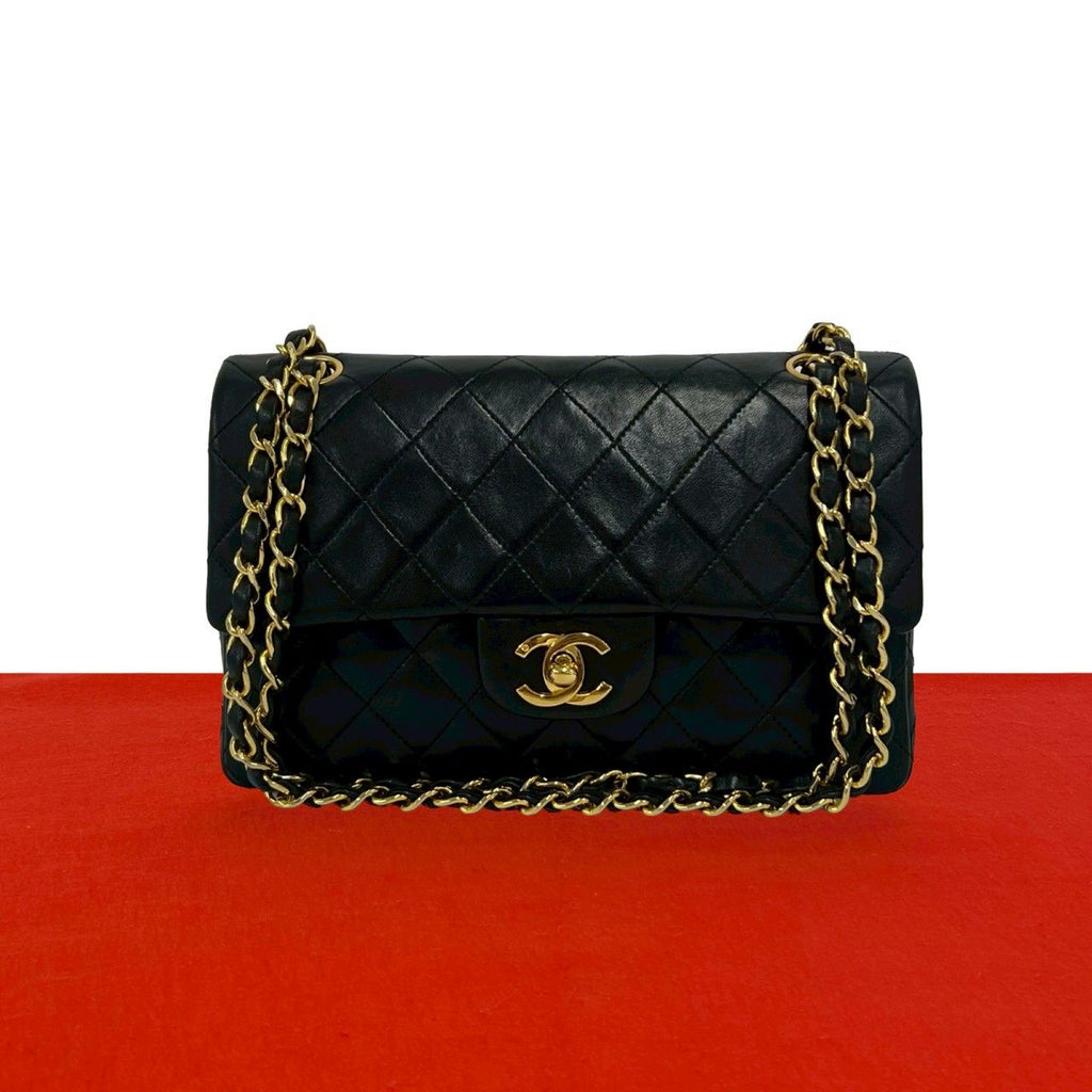 Chanel Quilted CC Logo Double Flap Lambskin Chain Shoulder Bag Black