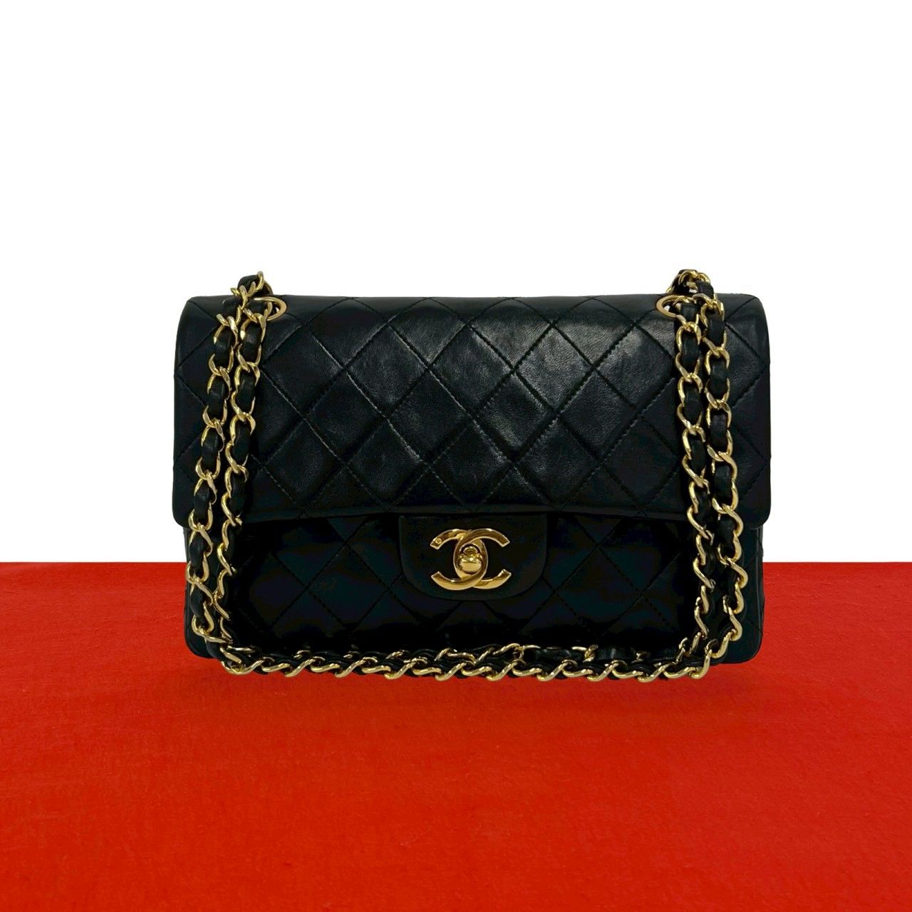 Chanel Quilted CC Logo Double Flap Lambskin Chain Shoulder Bag Black