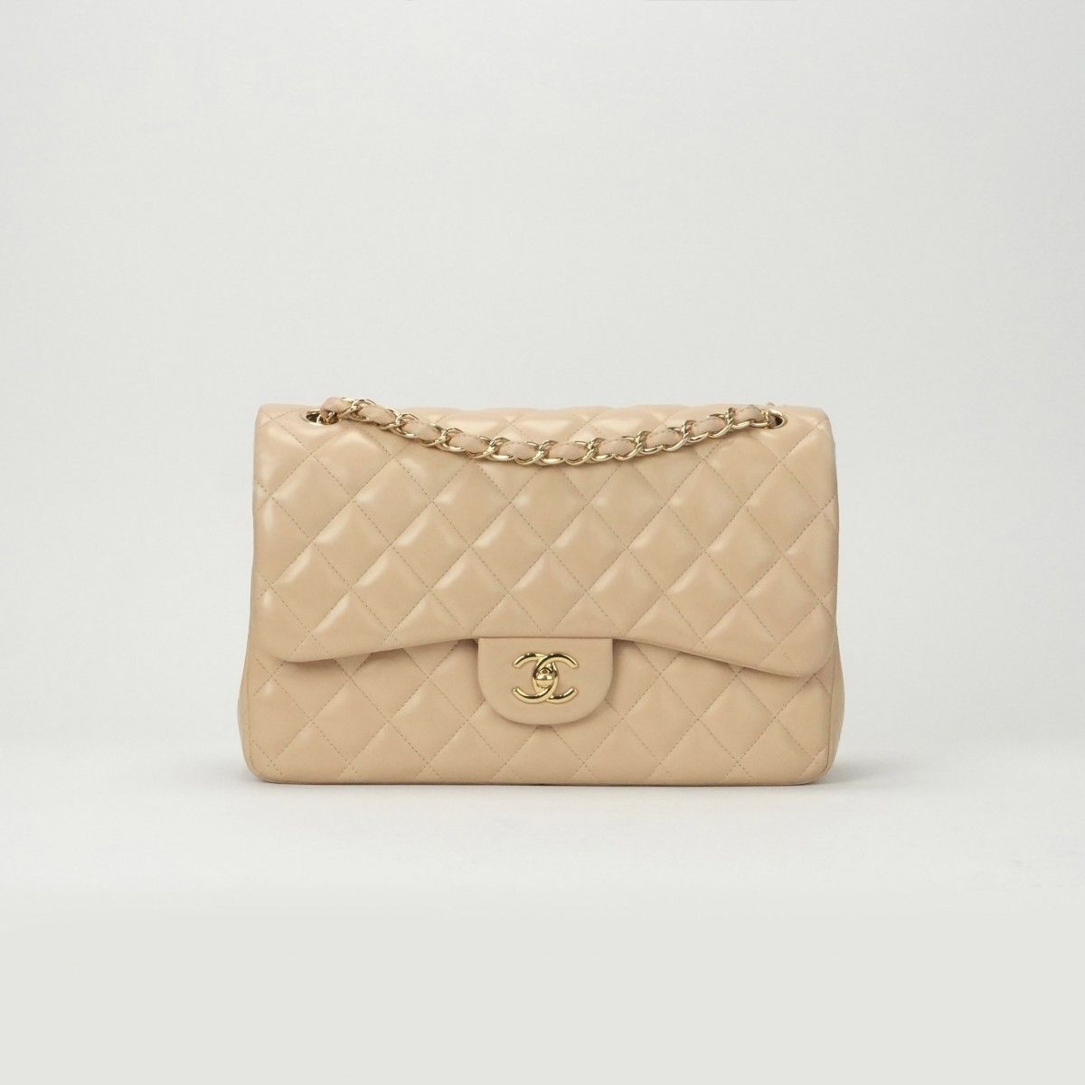 Chanel Quilted 30 Deca Decamato Shoulder Bag Lambskin Beige Gold Chain CC Logo