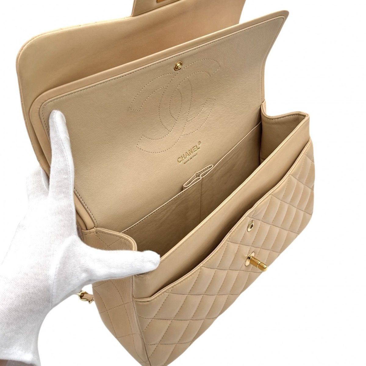 Chanel Quilted 30 Deca Decamato Shoulder Bag Lambskin Beige Gold Chain CC Logo — view 6