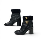 Chanel Boots Short Shoes Leather Knit Black Gold CC Logo Turnlock — view 3
