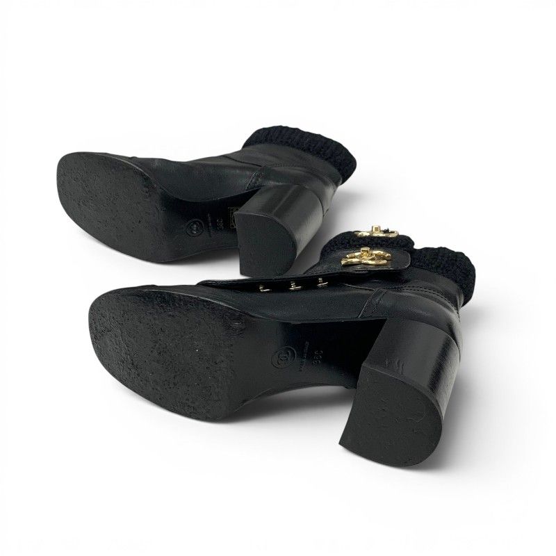 Chanel Boots Short Shoes Leather Knit Black Gold CC Logo Turnlock — view 6