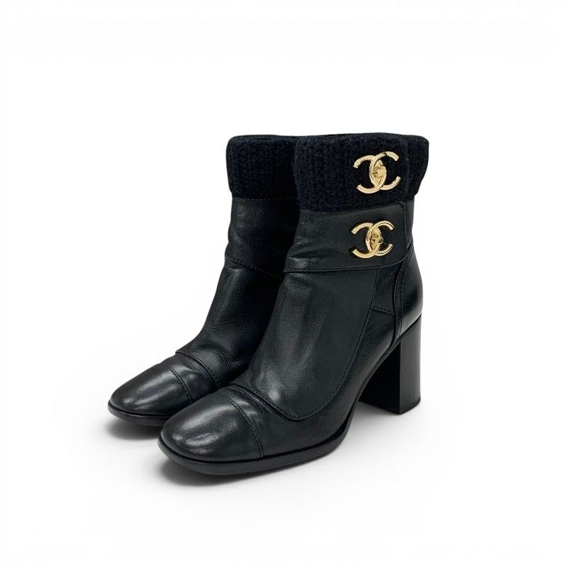 Chanel Boots Short Shoes Leather Knit Black Gold CC Logo Turnlock