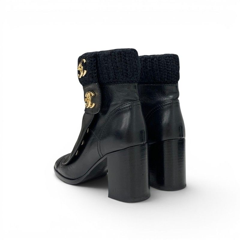 Chanel Boots Short Shoes Leather Knit Black Gold CC Logo Turnlock — view 4
