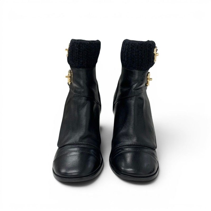 Chanel Boots Short Shoes Leather Knit Black Gold CC Logo Turnlock — view 2