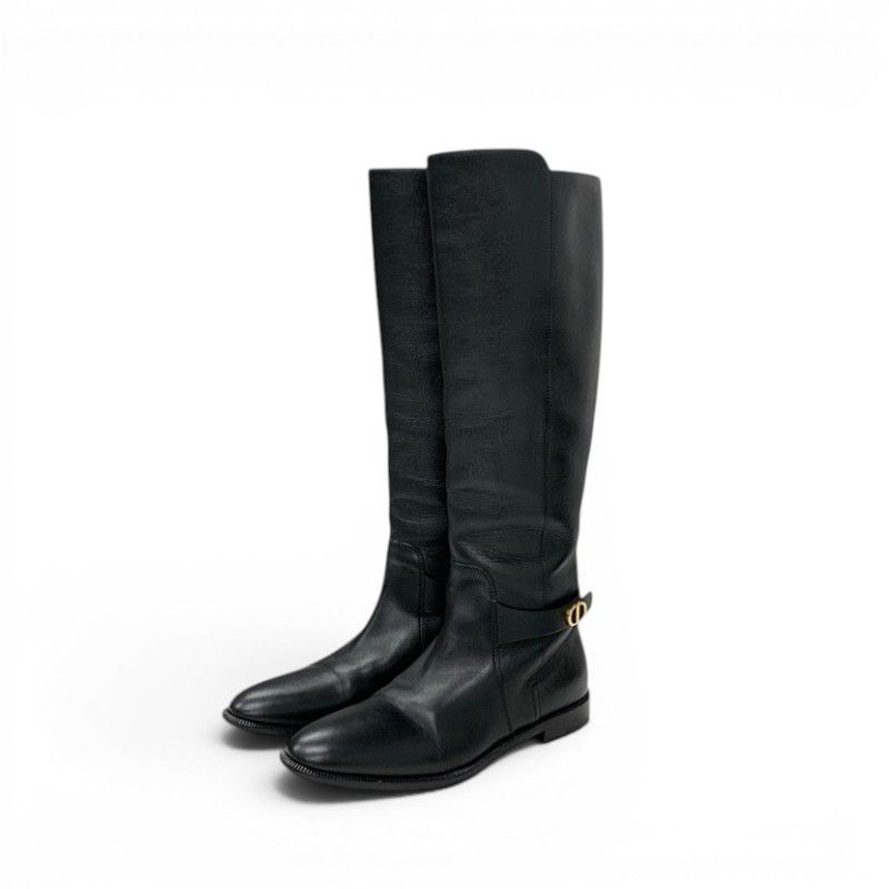 Dior Boots Long Shoes Leather Black Gold Logo