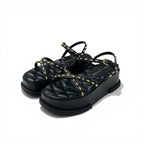Louis Vuitton Maya Line Sandals Shoes Leather Black Gold LV Logo Studs Strap