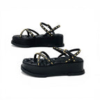 Louis Vuitton Maya Line Sandals Shoes Leather Black Gold LV Logo Studs Strap — view 3