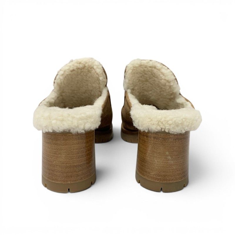 Hermes Flor 60 Sandals Shoes Suede Brown Silver Fleece Mules — view 5
