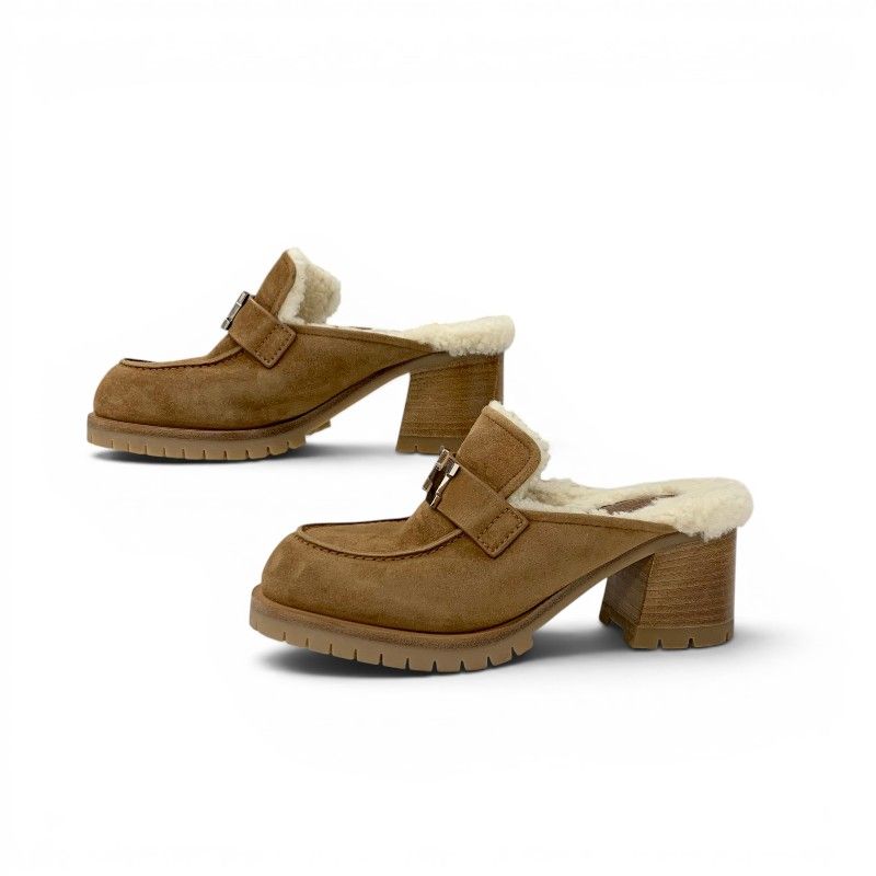 Hermes Flor 60 Sandals Shoes Suede Brown Silver Fleece Mules — view 3