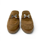 Hermes Flor 60 Sandals Shoes Suede Brown Silver Fleece Mules — view 2