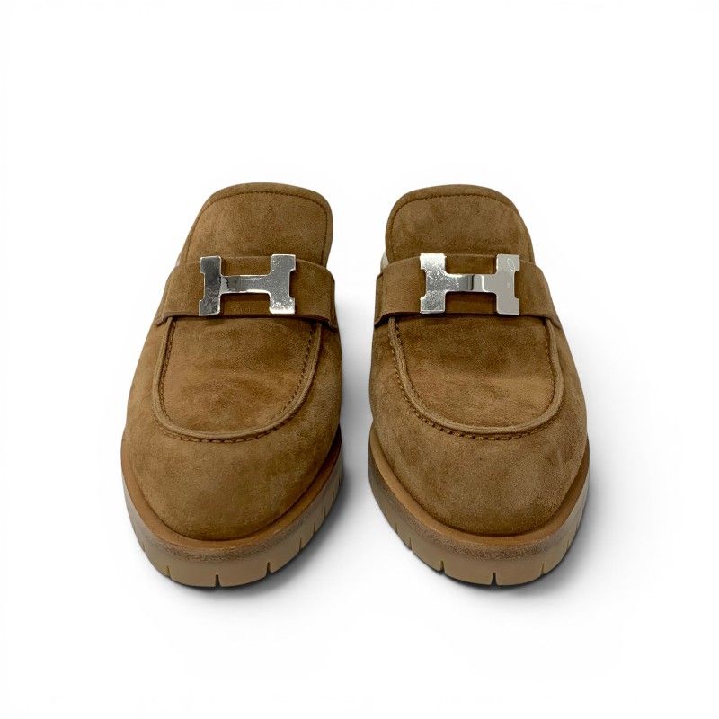 Hermes Flor 60 Sandals Shoes Suede Brown Silver Fleece Mules — view 2