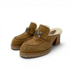 Hermes Flor 60 Sandals Shoes Suede Brown Silver Fleece Mules