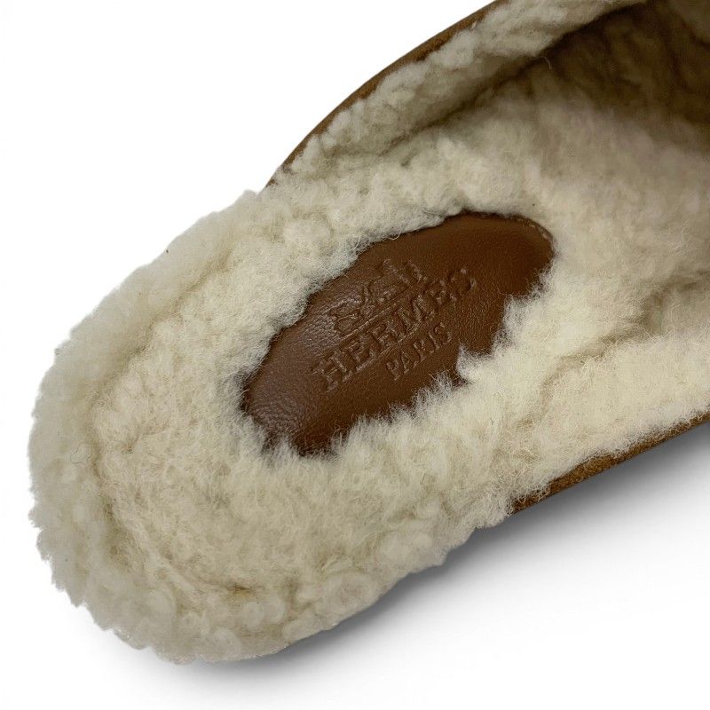 Hermes Flor 60 Sandals Shoes Suede Brown Silver Fleece Mules — view 7