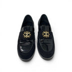 Chanel Loafers Leather Shoes Patent Black Gold Flat CC Logo Rhinestone — view 2