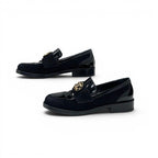 Chanel Loafers Leather Shoes Patent Black Gold Flat CC Logo Rhinestone — view 3