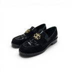 Chanel Loafers Leather Shoes Patent Black Gold Flat CC Logo Rhinestone