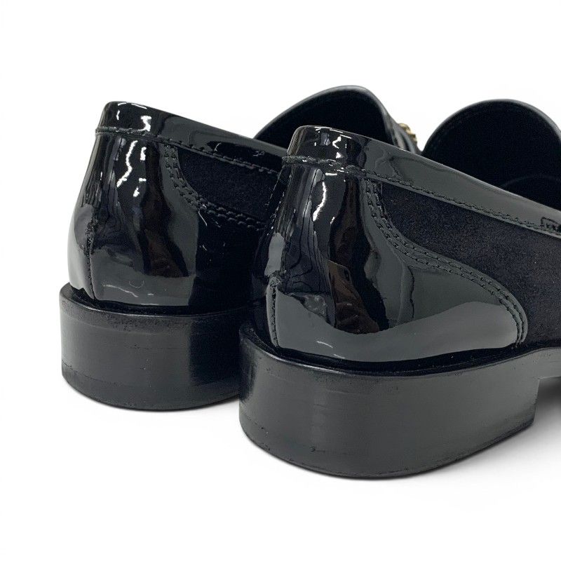 Chanel Loafers Leather Shoes Patent Black Gold Flat CC Logo Rhinestone — view 9
