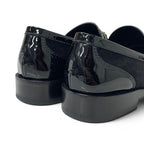 Chanel Loafers Leather Shoes Patent Black Gold Flat CC Logo Rhinestone — view 9