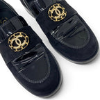 Chanel Loafers Leather Shoes Patent Black Gold Flat CC Logo Rhinestone — view 8