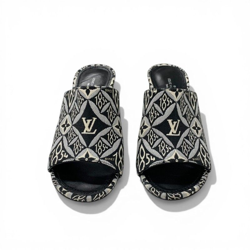 Louis Vuitton Silhouette Line Sandals Shoes Jacquard Fabric Black White Mules — view 2
