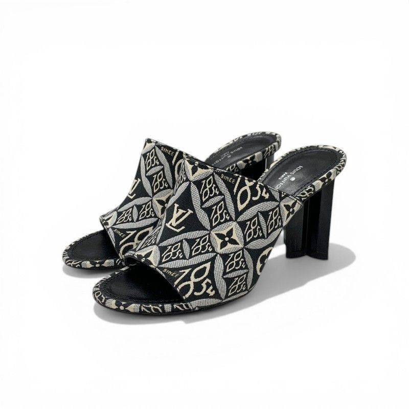 Louis Vuitton Silhouette Line Sandals Shoes Jacquard Fabric Black White Mules