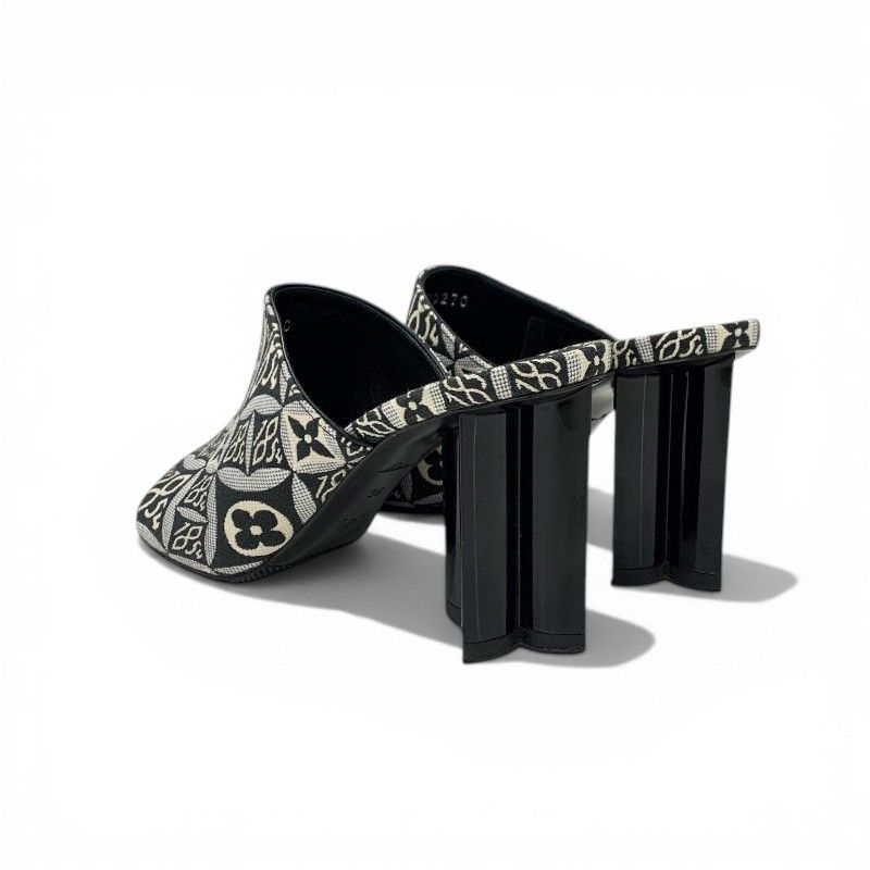 Louis Vuitton Silhouette Line Sandals Shoes Jacquard Fabric Black White Mules — view 4