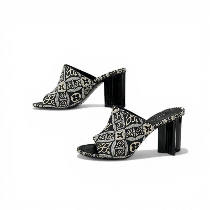 Louis Vuitton Silhouette Line Sandals Shoes Jacquard Fabric Black White Mules — view 3