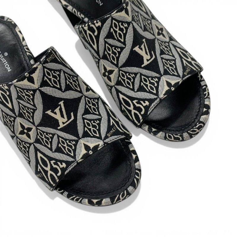 Louis Vuitton Silhouette Line Sandals Shoes Jacquard Fabric Black White Mules — view 9