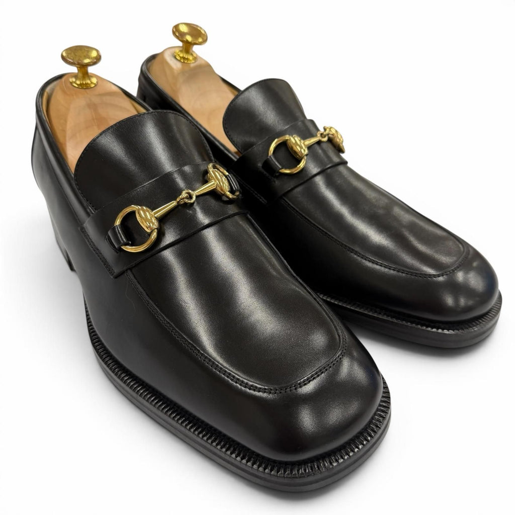 Gucci 110 Horsebit Tip Leather Shoes Loafers Black Gold — view 2
