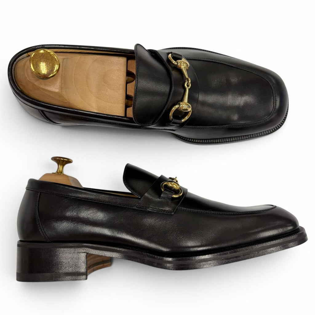 Gucci 110 Horsebit Tip Leather Shoes Loafers Black Gold — view 5