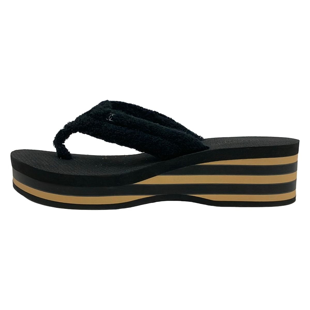 Chanel Sandals 39 C Black Beige Wedge Sole Border Thong