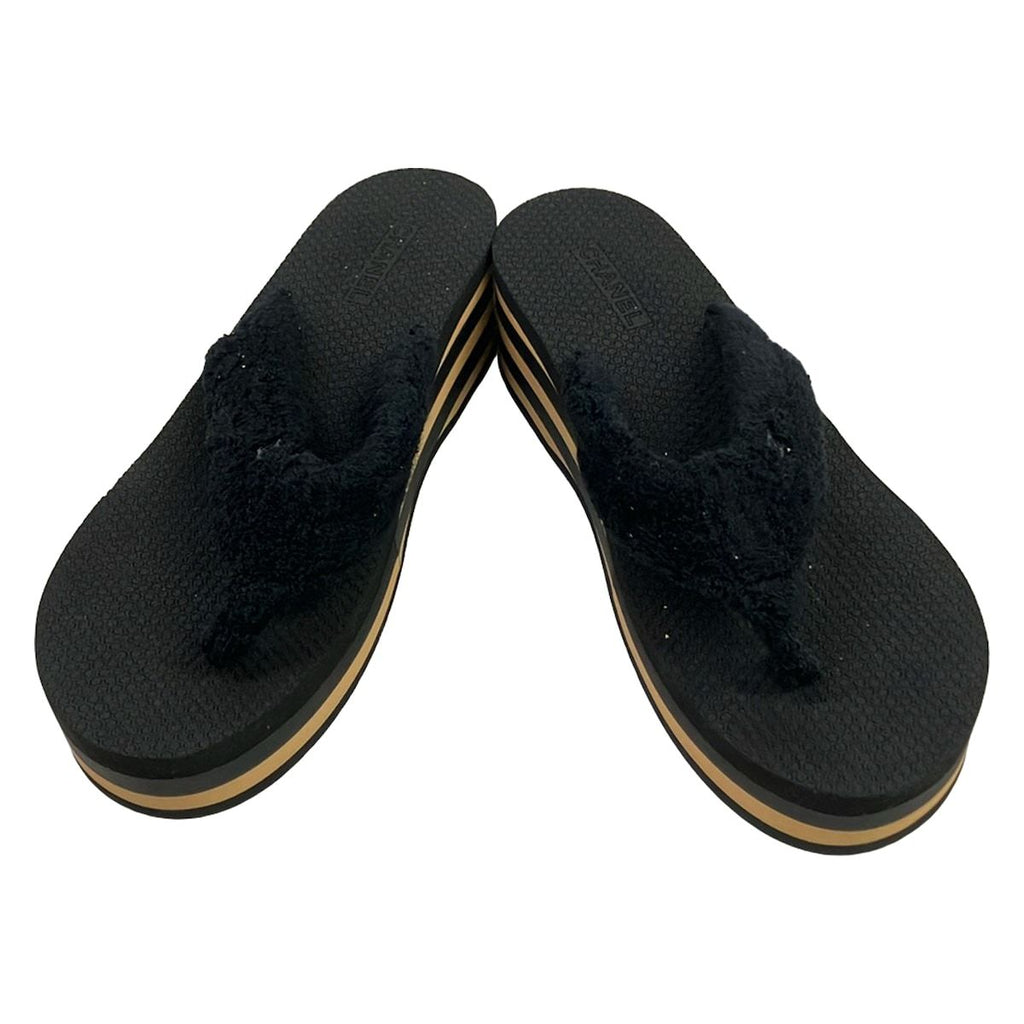 Chanel Sandals 39 C Black Beige Wedge Sole Border Thong — view 2