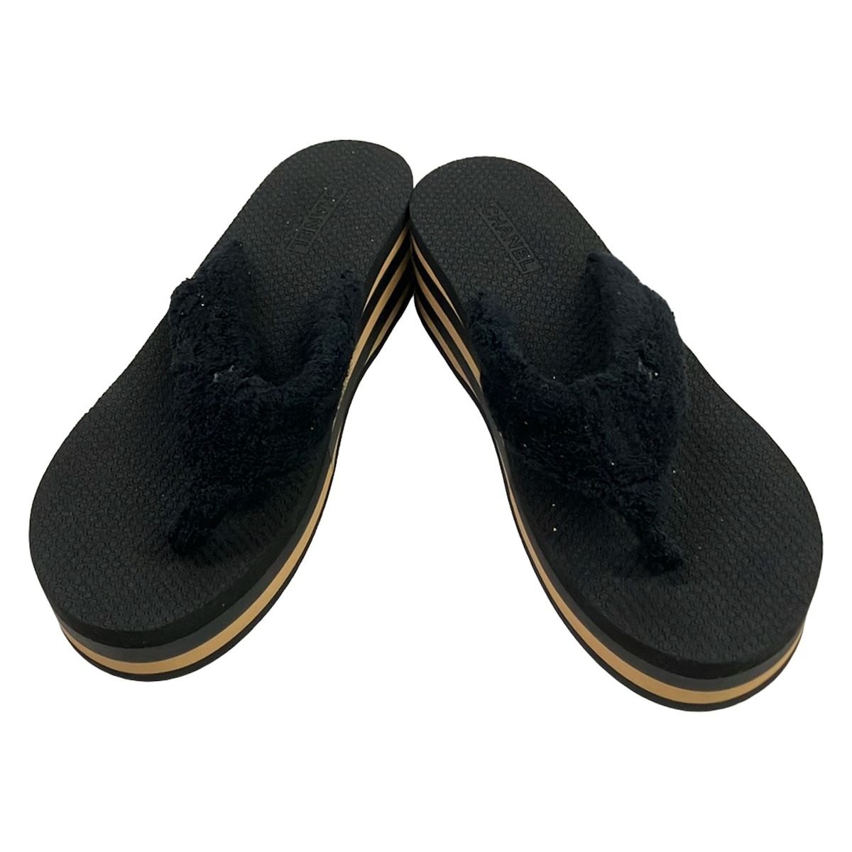 Chanel Sandals 39 C Black Beige Wedge Sole Border Thong — view 2