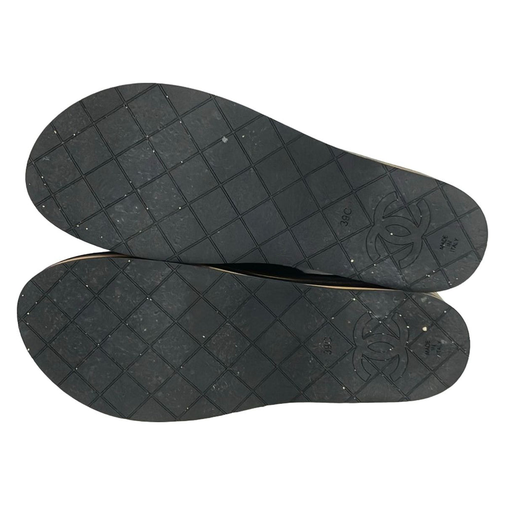 Chanel Sandals 39 C Black Beige Wedge Sole Border Thong — view 4