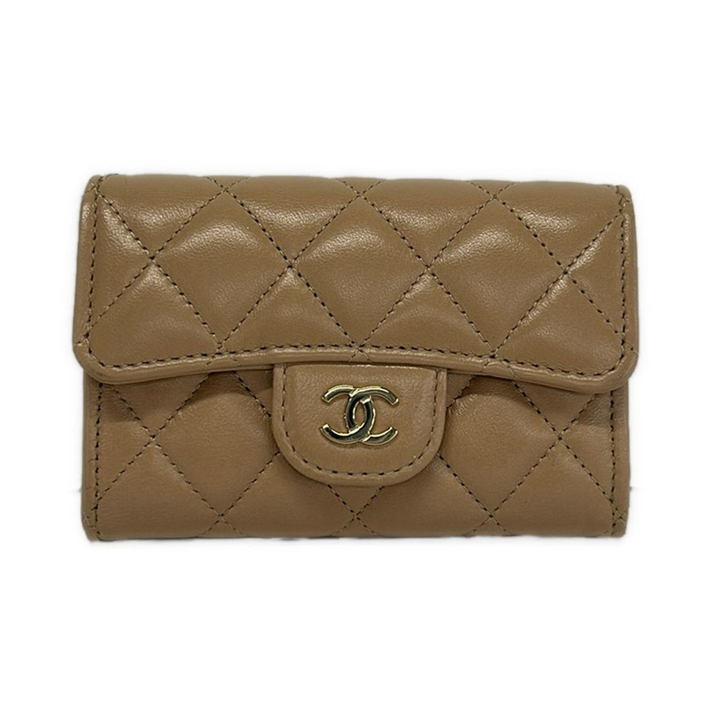 Chanel Business Card Holder Quilted Pink Beige CC Logo Gold Lambskin