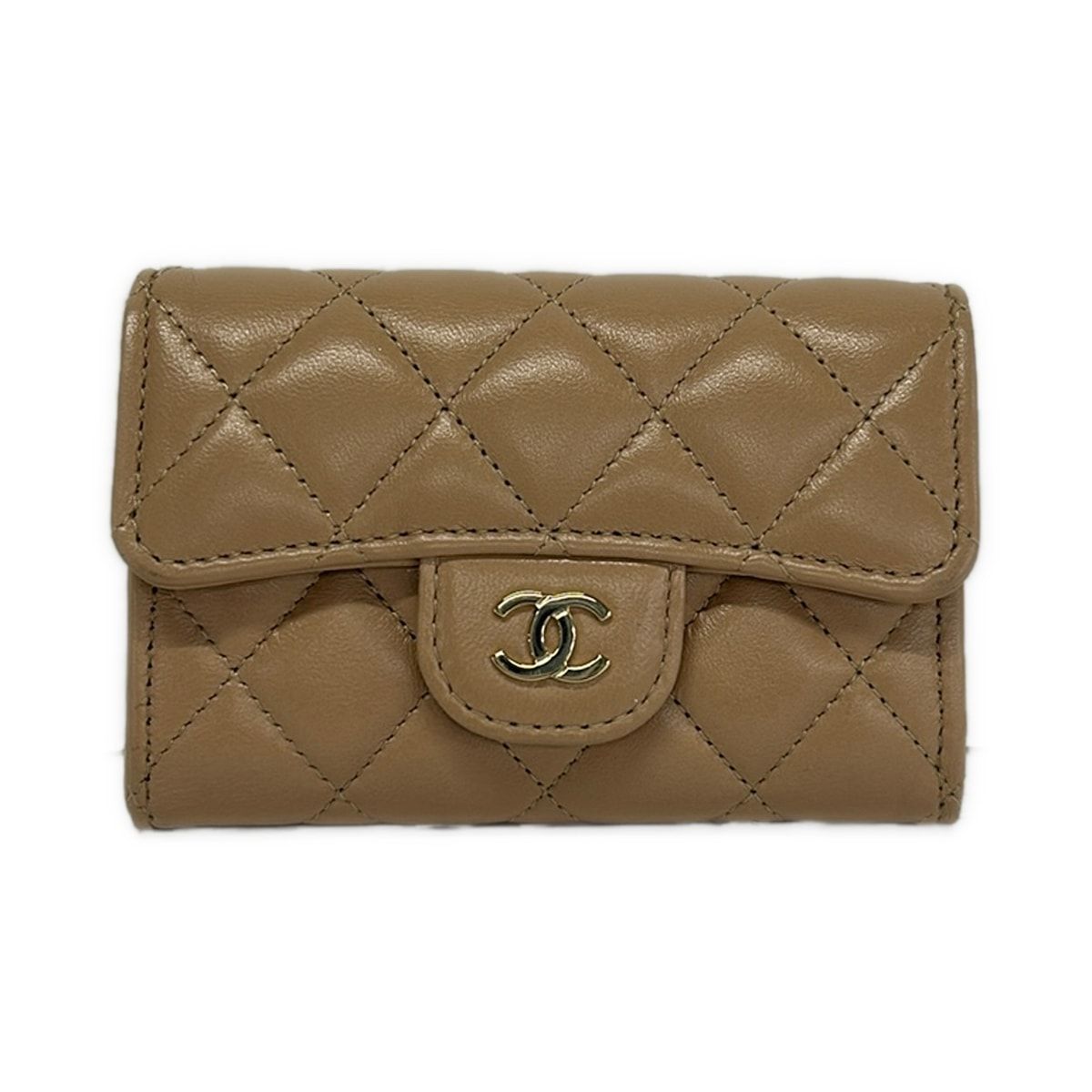Chanel Business Card Holder Quilted Pink Beige CC Logo Gold Lambskin