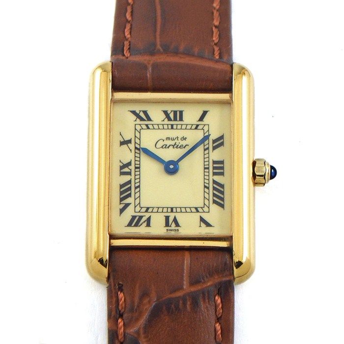 Cartier Watch Must Tank Vermeil SM Rectangular Ivory Dial Brown Calf Leather